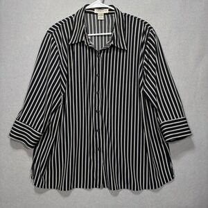Notations Woman Striped‎ Shirt Top 1X Plus Black White Monochrome Retro Career